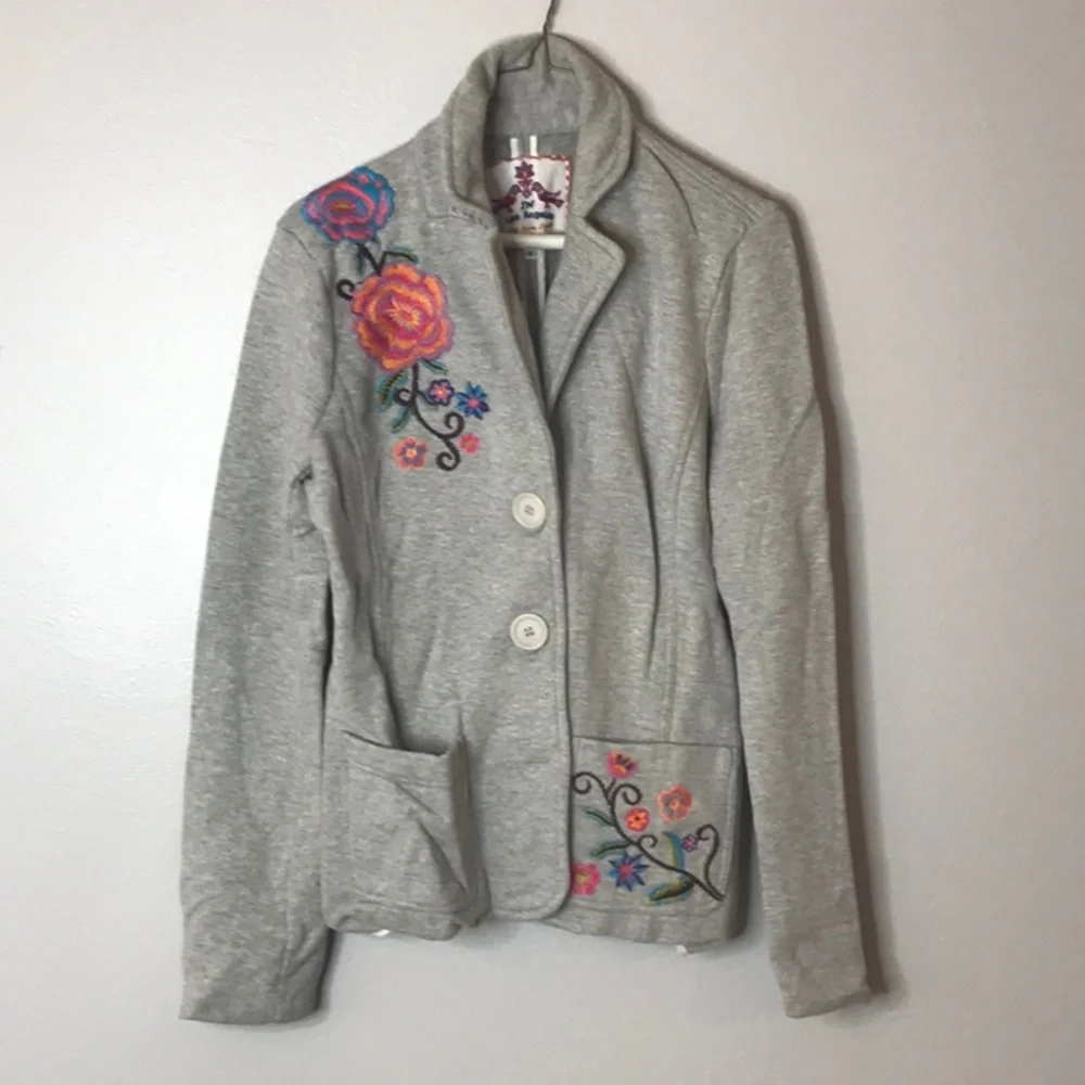 JWLA Johnny Was Los Angeles Heather Grey Floral Embroidered Cotton Blazer - Picture 1 of 4